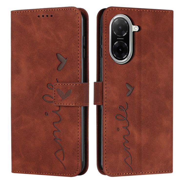

For Redmi A5 4G 171.7mm / Poco C71 Skin Feel Heart Embossed Leather Phone Case with Long Lanyard(Brown)