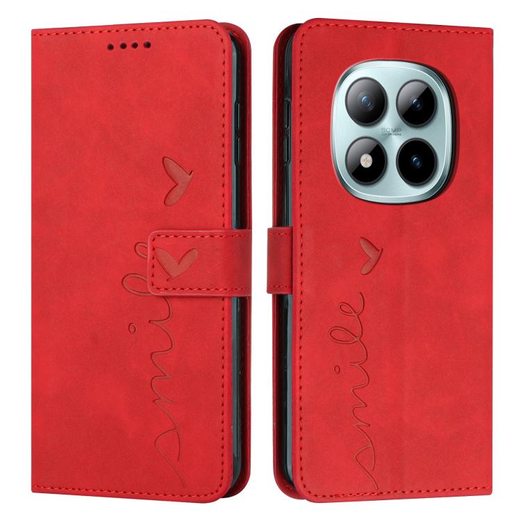 For Redmi Note 15 Pro+ 5G Global 163.3mm Skin Feel Heart Embossed Leather Phone Case with Long Lanyard(Red)