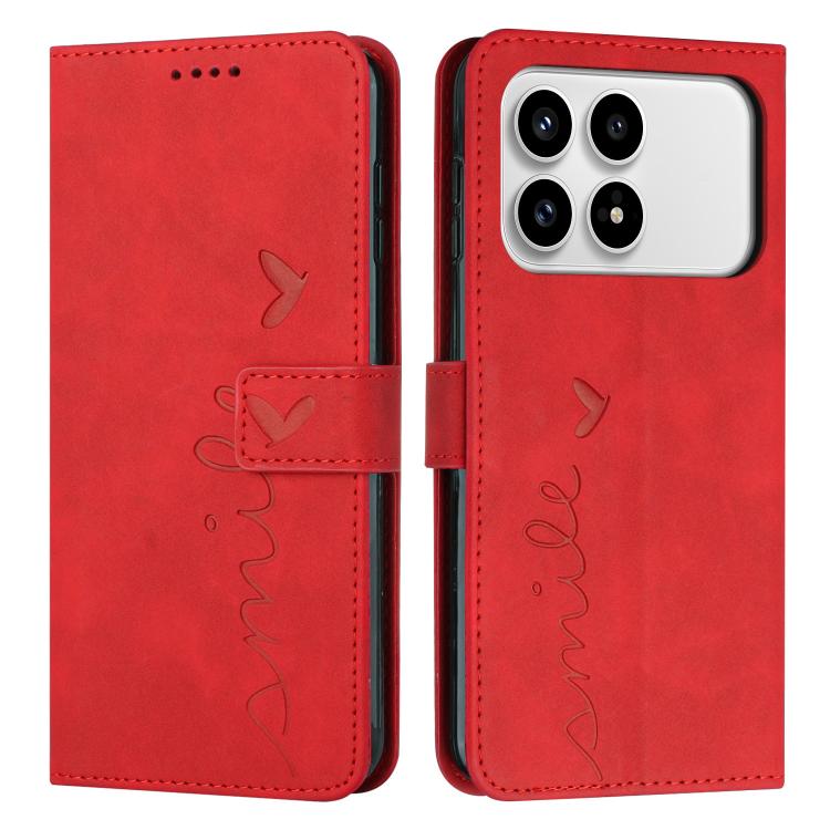 For Redmi K90 / Poco F8 Pro Skin Feel Heart Embossed Leather Phone Case with Long Lanyard(Red)