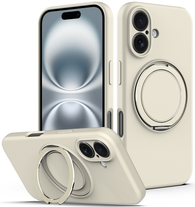 

For iPhone 16 Plus Liquid Silicone MagSafe Phone Case with Rotating Holder(White)
