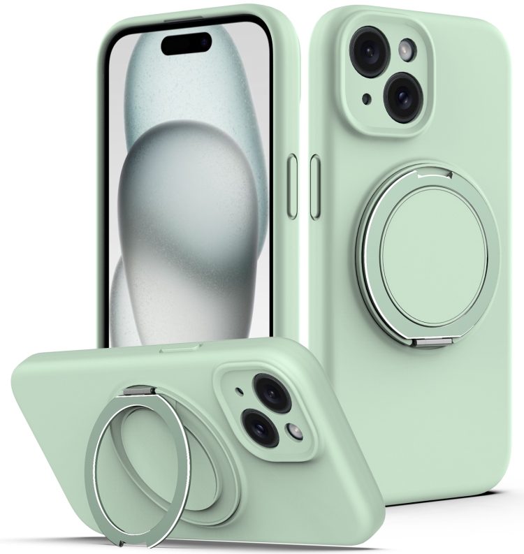 

For iPhone 15 Plus Liquid Silicone MagSafe Phone Case with Rotating Holder(Green)