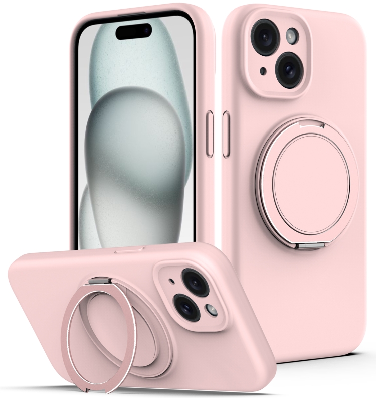 

For iPhone 14 Liquid Silicone MagSafe Phone Case with Rotating Holder(Pink)