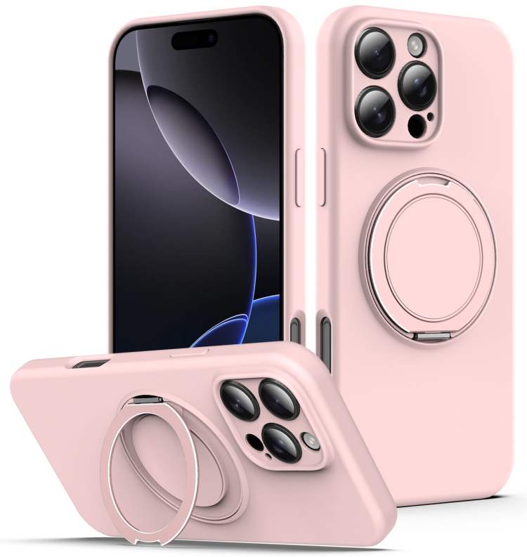 

For iPhone 14 Pro Liquid Silicone MagSafe Phone Case with Rotating Holder(Pink)