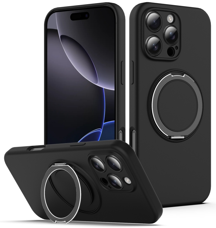 

For iPhone 13 Pro Liquid Silicone MagSafe Phone Case with Rotating Holder(Black)