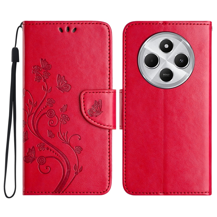 

For Redmi 14C Butterfly Flower Pattern Flip Leather Phone Case(Red)