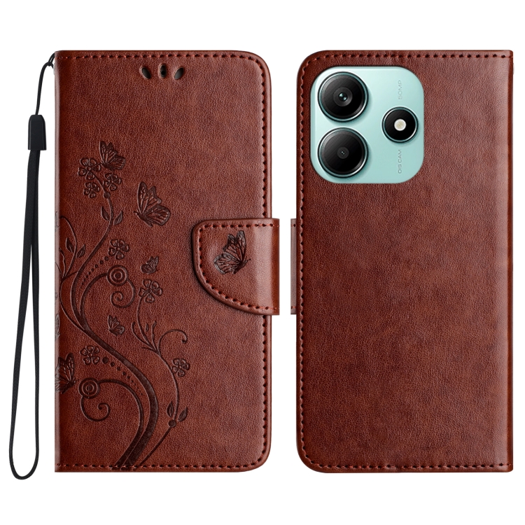 

For Redmi Note 14 5G Butterfly Flower Pattern Flip Leather Phone Case(Brown)