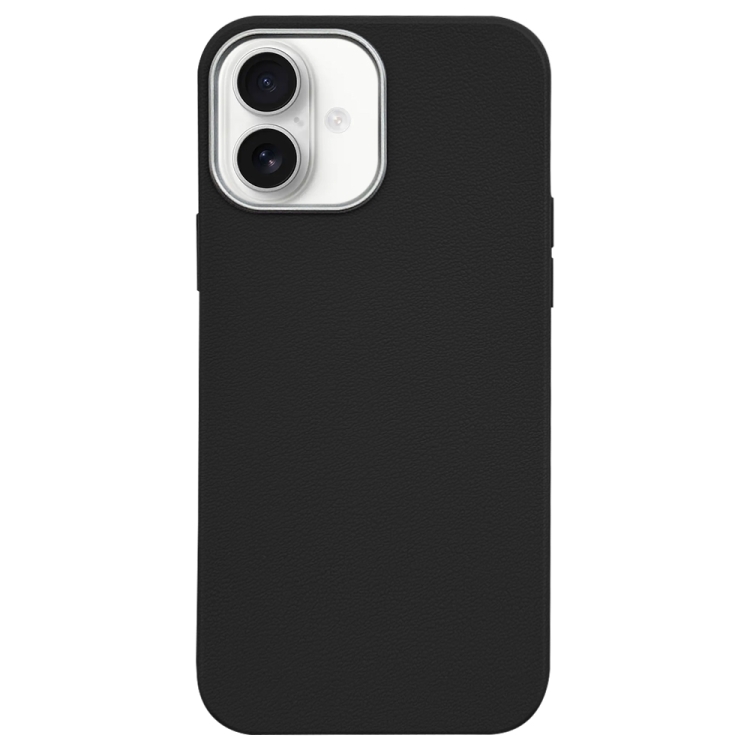 

For iPhone 16 Plus Litchi Pattern Silver Edge Camera Frame Material Phone Case(Black)