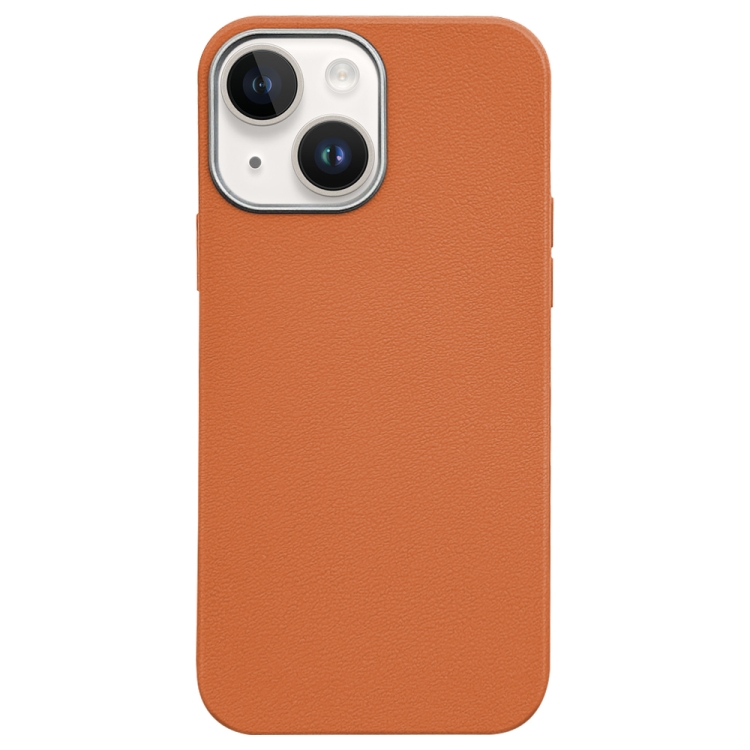 

For iPhone 14 Litchi Pattern Silver Edge Camera Frame Material Phone Case(Brown)