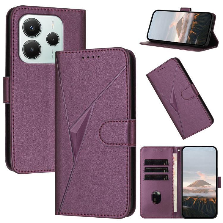 

For Redmi Note 14 4G 164.84mm Triangle Pattern Buckle Clasp Leather Phone Case(Dark Purple)