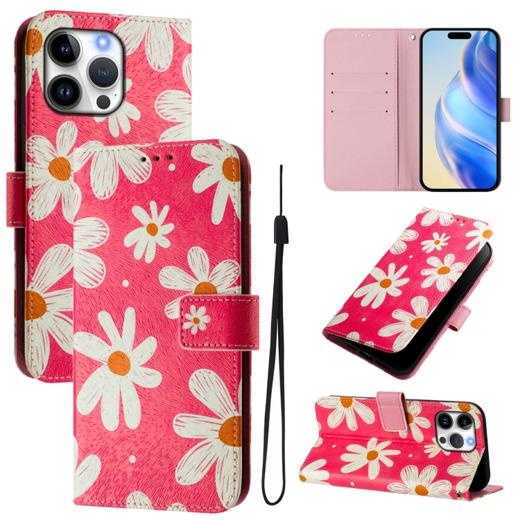 

For iPhone 16 Pro Art Colored Drawing Pattern Leather Phone Case(Pink daisy)