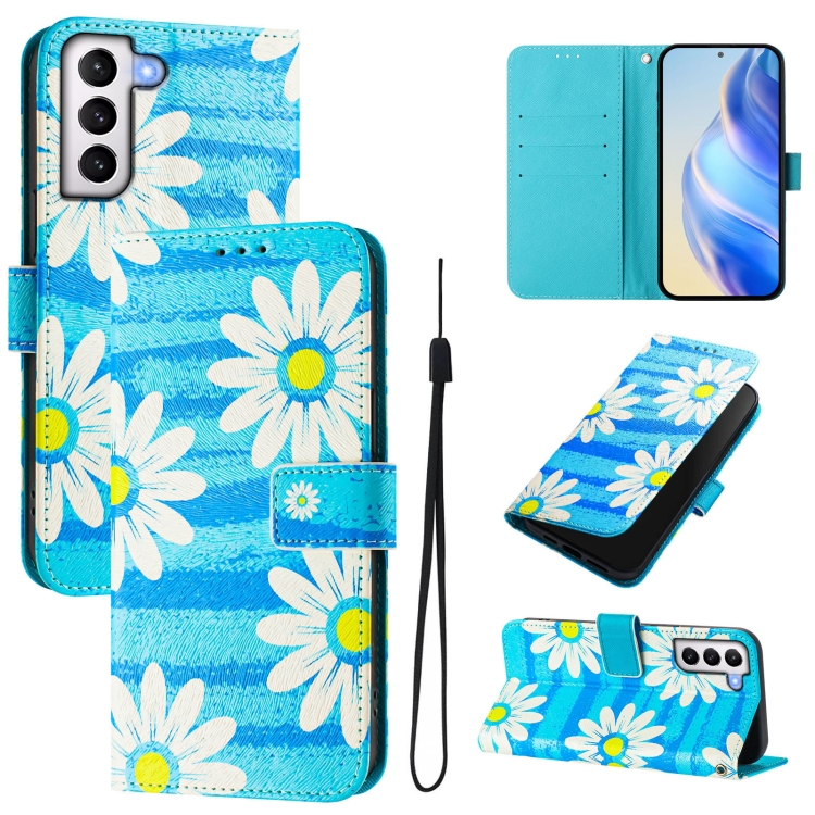 

For Samsung Galaxy S21+ 5G Art Colored Drawing Pattern Leather Phone Case(Blue daisy)