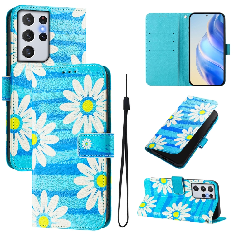 

For Samsung Galaxy S21 Ultra 5G Art Colored Drawing Pattern Leather Phone Case(Blue daisy)