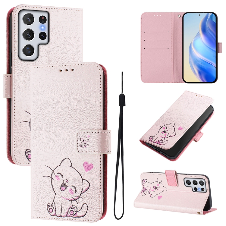 

For Samsung Galaxy S22 Ultra 5G Art Colored Drawing Pattern Leather Phone Case(Cute cat)