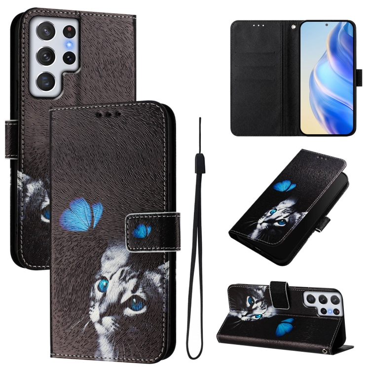 

For Samsung Galaxy S22 Ultra 5G Art Colored Drawing Pattern Leather Phone Case(Butterfly cat)