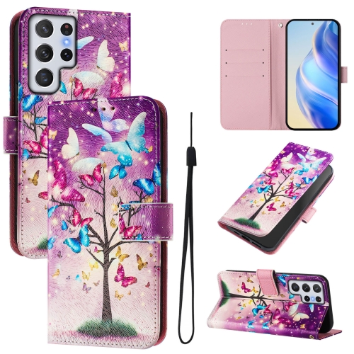 

For Samsung Galaxy S22 Ultra 5G Art Colored Drawing Pattern Leather Phone Case(Butterfly branch)