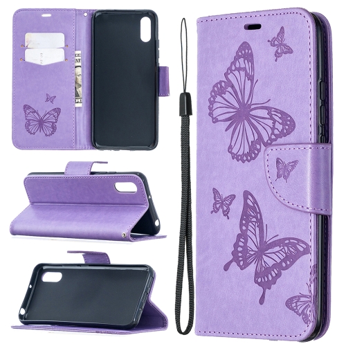 

For Xiaomi Redmi 9A Two Butterflies Embossing Pattern Horizontal Flip Leather Case with Holder & Card Slot & Wallet & Lanyard(Purple)