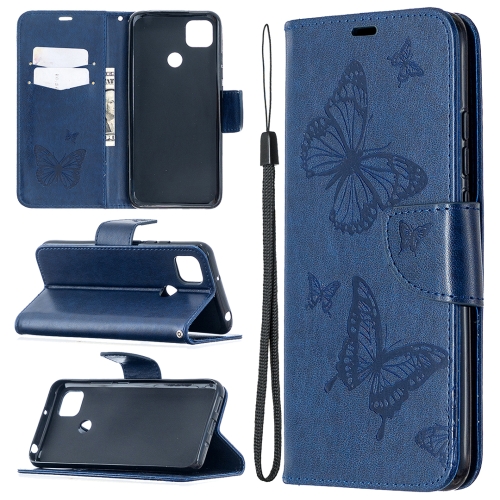 

For Xiaomi Redmi 9C Two Butterflies Embossing Pattern Horizontal Flip Leather Case with Holder & Card Slot & Wallet & Lanyard(Dark Blue)