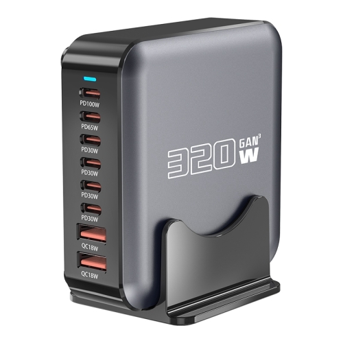 

320W GaN 6 Type-C 2 USB Multi Ports Sharing Desktop Charger, Plug:US Plug(Grey)