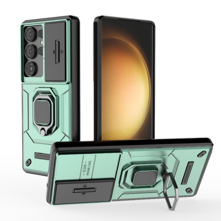 

For Samsung Galaxy S25 Ultra 5G Sliding Camshield TPU + PC Shockproof Phone Case with Holder(Green)
