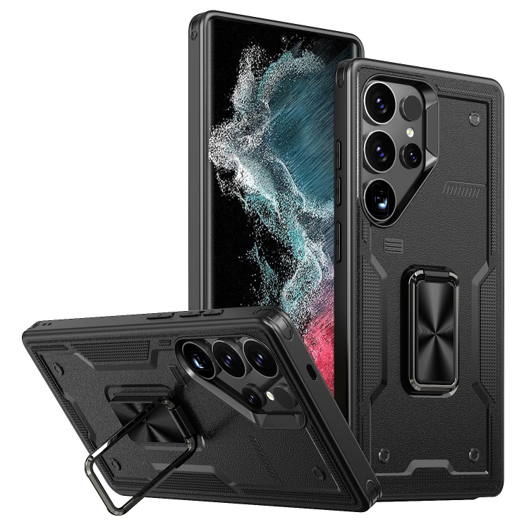 

For Samsung Galaxy S22 Ultra 5G Ring Holder PC Hybrid TPU Phone Case(Black)