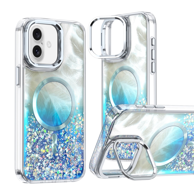 

For iPhone 16 Epoxy CD Texture Lens Holder MagSafe Phone Case(Light Blue)