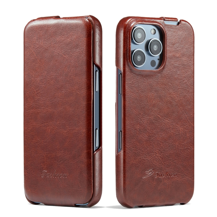 

For iPhone 16 Pro Fierre Shann 64 Texture Vertical Flip PU Leather Phone Case(Brown)