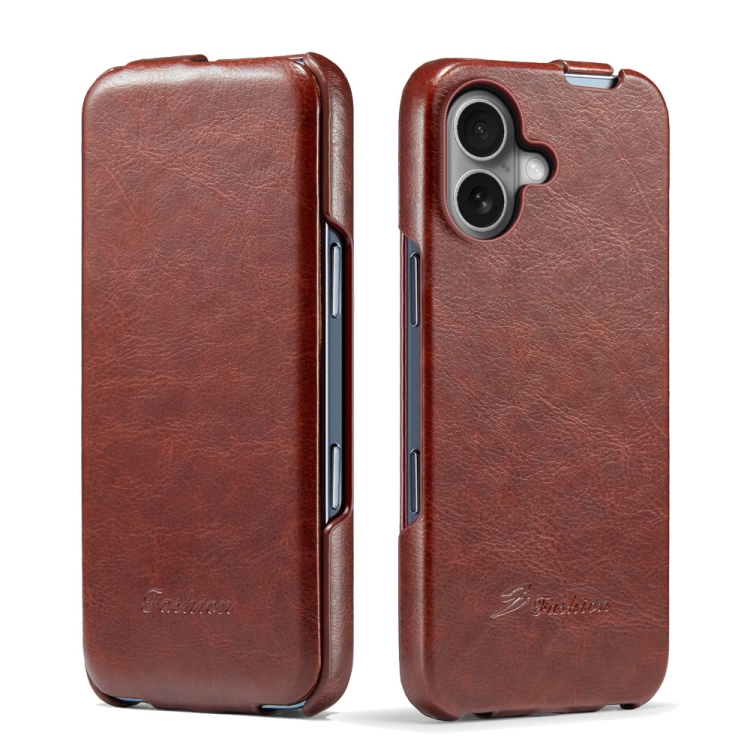 

For iPhone 16 Fierre Shann 64 Texture Vertical Flip PU Leather Phone Case(Brown)