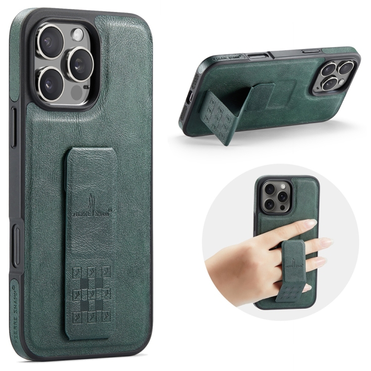 

For iPhone 16 Pro Fierre Shann Oil Wax Cow Leather Holder Back Phone Case(Green)