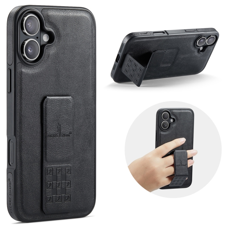 

For iPhone 16 Fierre Shann Oil Wax Cow Leather Holder Back Phone Case(Black)