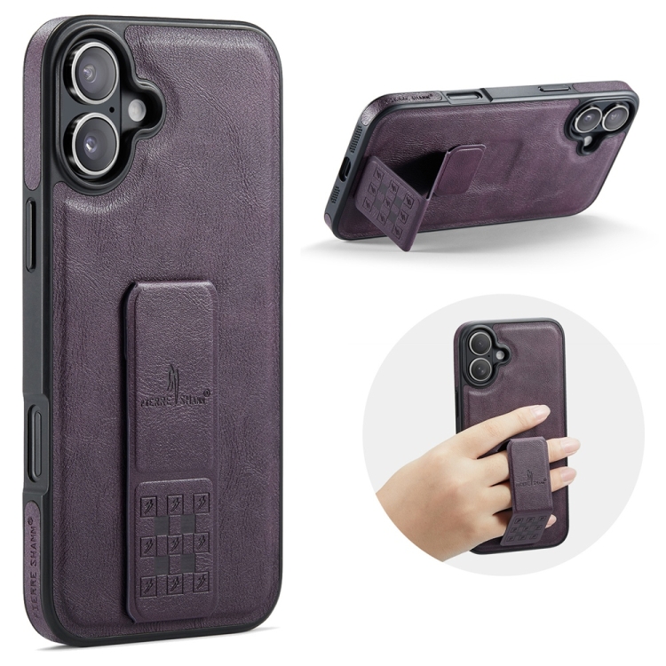 

For iPhone 16 Fierre Shann Oil Wax Cow Leather Holder Back Phone Case(Purple)
