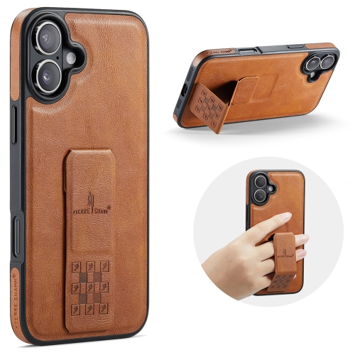 

For iPhone 16 Fierre Shann Oil Wax Cow Leather Holder Back Phone Case(Brown)