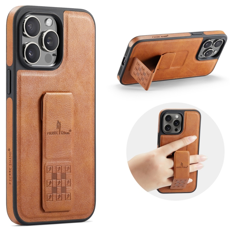 

For iPhone 15 Pro Fierre Shann Oil Wax Cow Leather Holder Back Phone Case(Brown)
