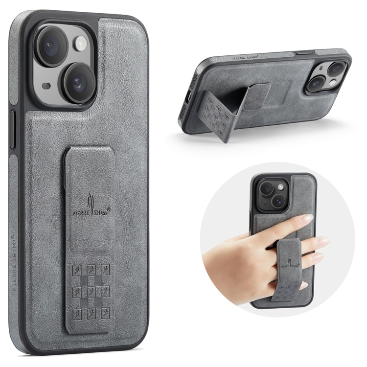 

For iPhone 15 Plus Fierre Shann Oil Wax Cow Leather Holder Back Phone Case(Grey)