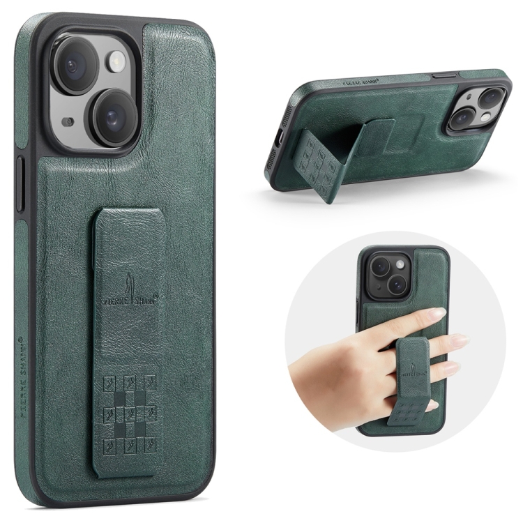 

For iPhone 15 Plus Fierre Shann Oil Wax Cow Leather Holder Back Phone Case(Green)