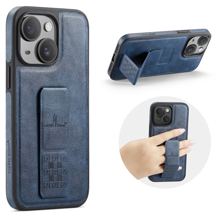 

For iPhone 15 Fierre Shann Oil Wax Cow Leather Holder Back Phone Case(Blue)
