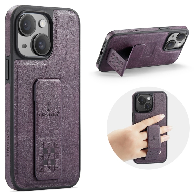 

For iPhone 15 Fierre Shann Oil Wax Cow Leather Holder Back Phone Case(Purple)