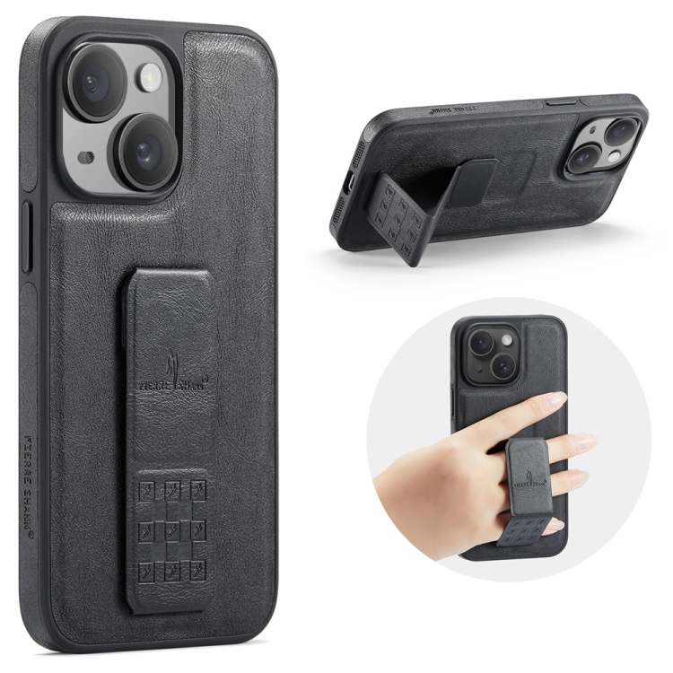 

For iPhone 14 Fierre Shann Oil Wax Cow Leather Holder Back Phone Case(Black)