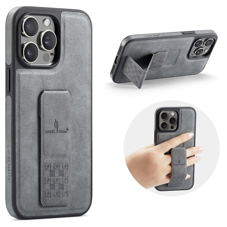 

For iPhone 14 Pro Fierre Shann Oil Wax Cow Leather Holder Back Phone Case(Grey)