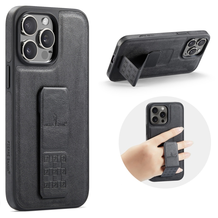 

For iPhone 14 Pro Max Fierre Shann Oil Wax Cow Leather Holder Back Phone Case(Black)