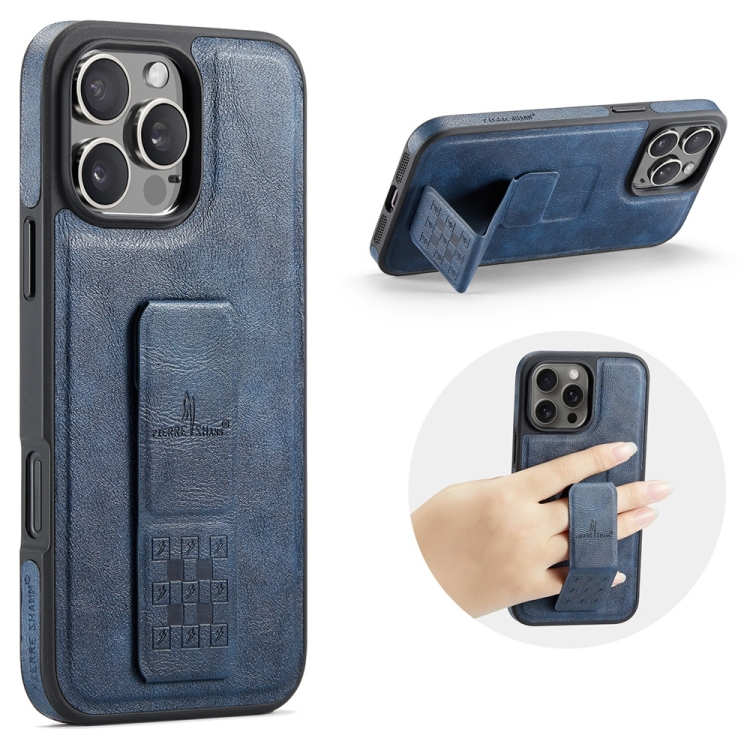 

For iPhone 13 Pro Fierre Shann Oil Wax Cow Leather Holder Back Phone Case(Blue)