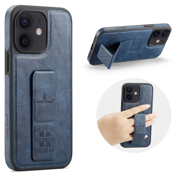 

For iPhone 12 / 12 Pro Fierre Shann Oil Wax Cow Leather Holder Back Phone Case(Blue)