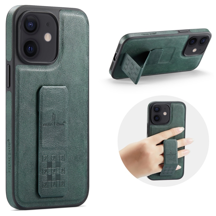 

For iPhone 12 / 12 Pro Fierre Shann Oil Wax Cow Leather Holder Back Phone Case(Green)