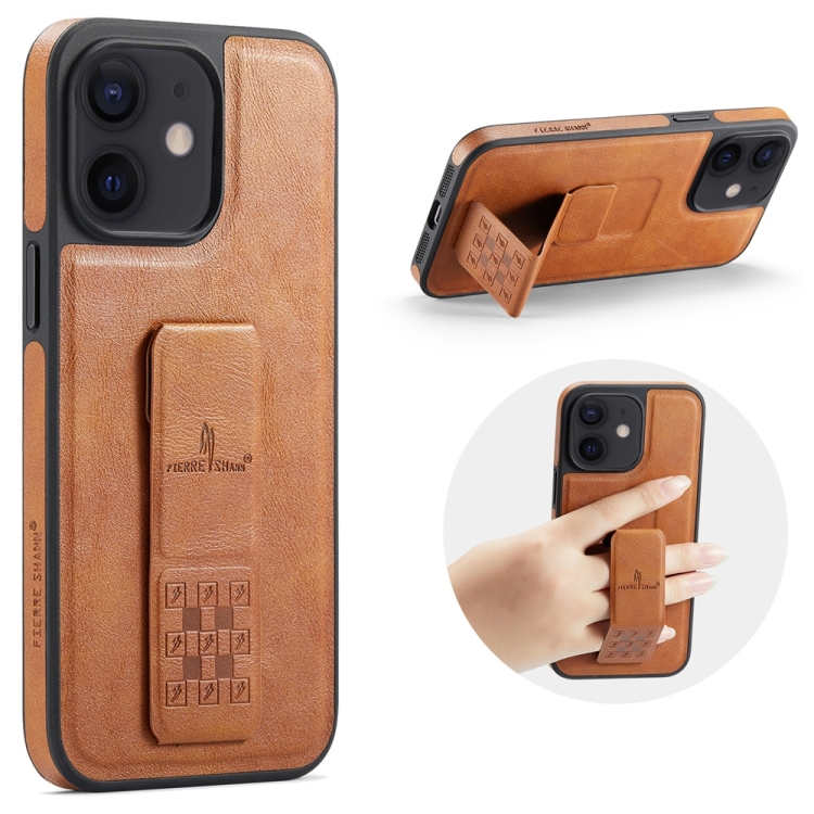 

For iPhone 12 / 12 Pro Fierre Shann Oil Wax Cow Leather Holder Back Phone Case(Brown)