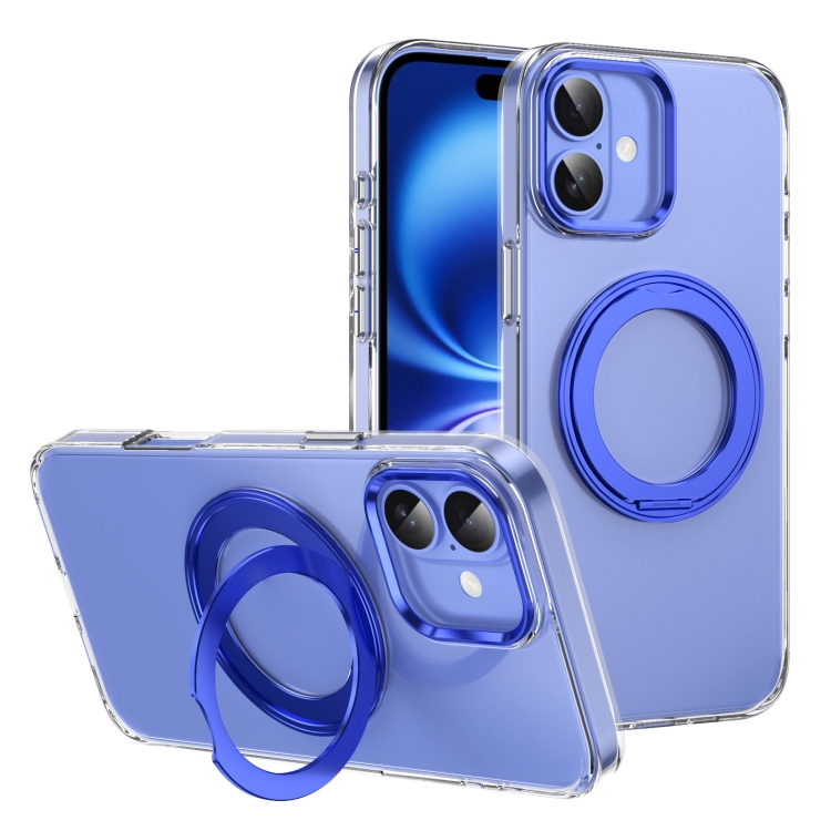 

For iPhone 16 Plus Ice-Cold Rotating Ring Holder PC MagSafe Phone Case(Blue)