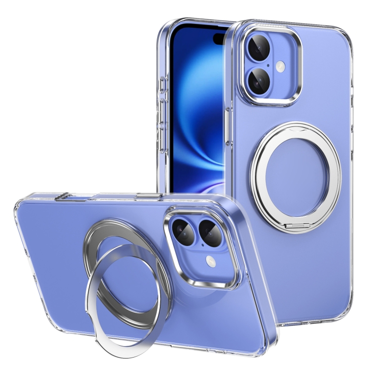 

For iPhone 16 Ice-Cold Rotating Ring Holder PC MagSafe Phone Case(Silver)