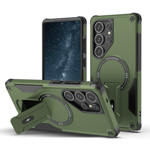 

For Samsung Galaxy S25 Ultra 5G Armor MagSafe Holder PC Hybrid TPU Phone Case(Army Green)