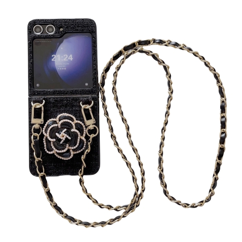 

For Samsung Galaxy Z Flip6 Camellia Plaid Fabric PC Phone Case with Long Lanyard(Black)