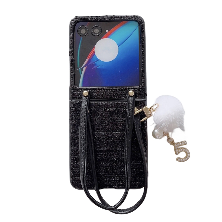 

For Motorola Razr 40 Ultra Handbag Design Plush Ball Plaid Fabric PC Phone Case(Black)