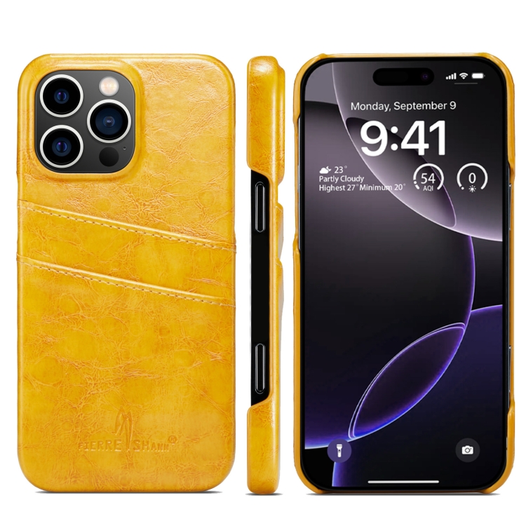 

For iPhone 16 Pro Fierre Shann Retro Oil Wax Texture Card Slots PU Leather Phone Case(Yellow)