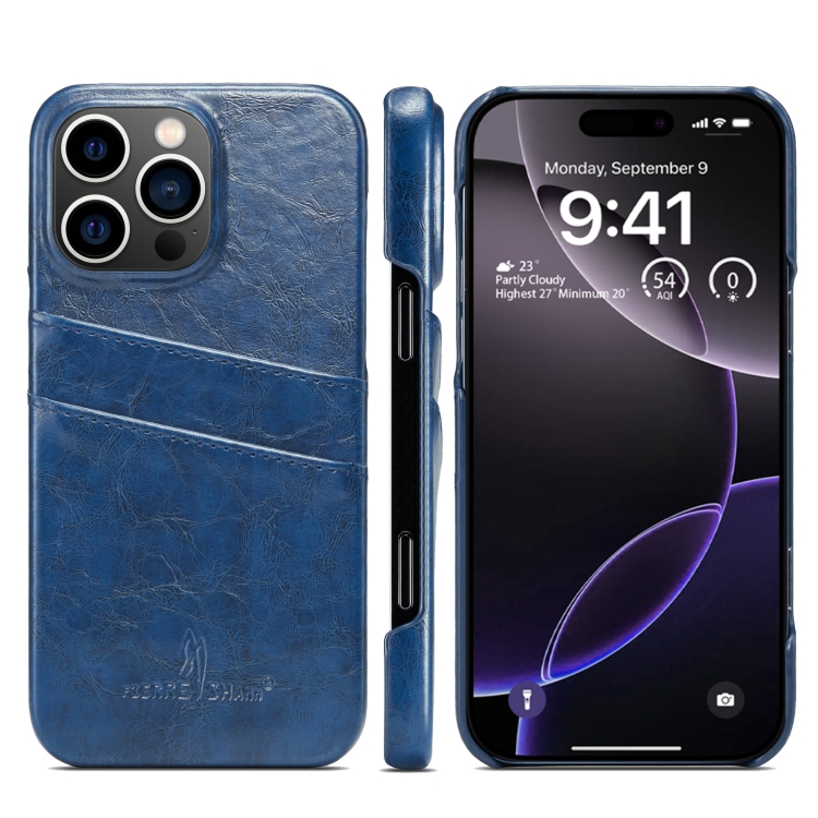 

For iPhone 16 Pro Fierre Shann Retro Oil Wax Texture Card Slots PU Leather Phone Case(Blue)